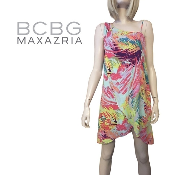 𝅺BCBG MaxAzria Alyssa Dress Draped One Shoulder Shift - Picture 1 of 13